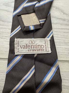 Vintage Valentino Cravatte Silk Tie Brown Blue Stripe V Logo Made in Italy 3"
